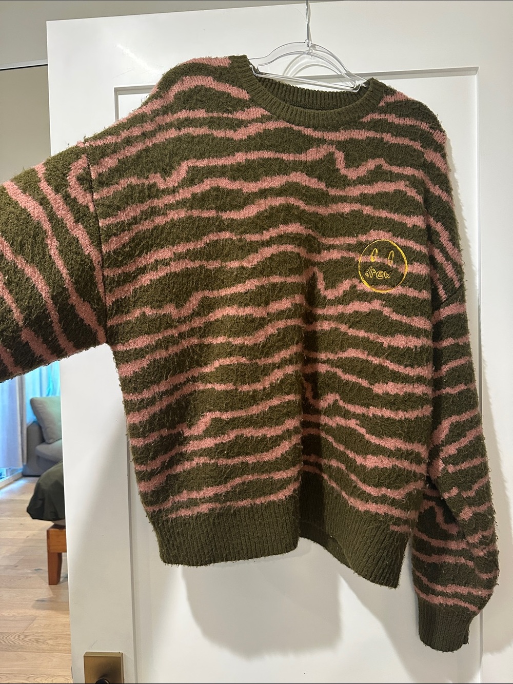 Olive Green and Pink Zebra Knit Sweater - Cozy Women’s Pullover - Picture 3 of 3